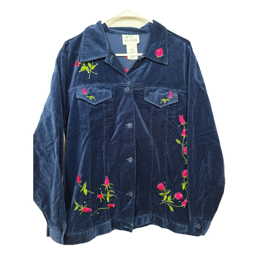 The Quacker Factory Blue Velvet Rose Embroidered Cottagecore‎ Jacket Womens L